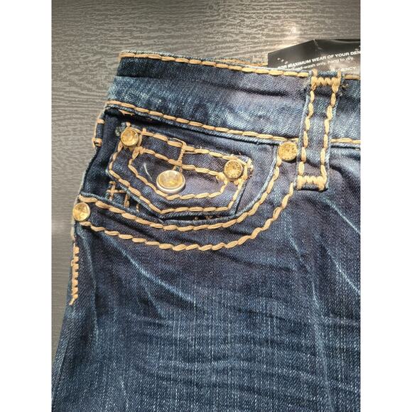 NWT Y2K Denim Low Rise Micro Mini Raw Hem Skirt Sz M Blue Rhinestone Grunge Emo - Picture 4 of 7